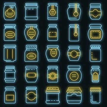 Jam jar icons set vector neon Stock Illustration
