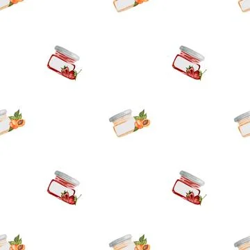 Jam jar seamless pattern watercolor. Hand drawn canned sweets on white Stock Illustration