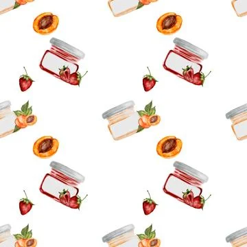 Jam jar seamless pattern watercolor. Hand drawn canned sweets on white Stock Illustration