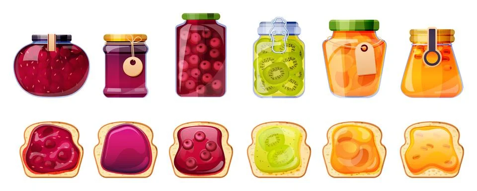 Jam jars and bread toasts, glass containers set Stock Illustration