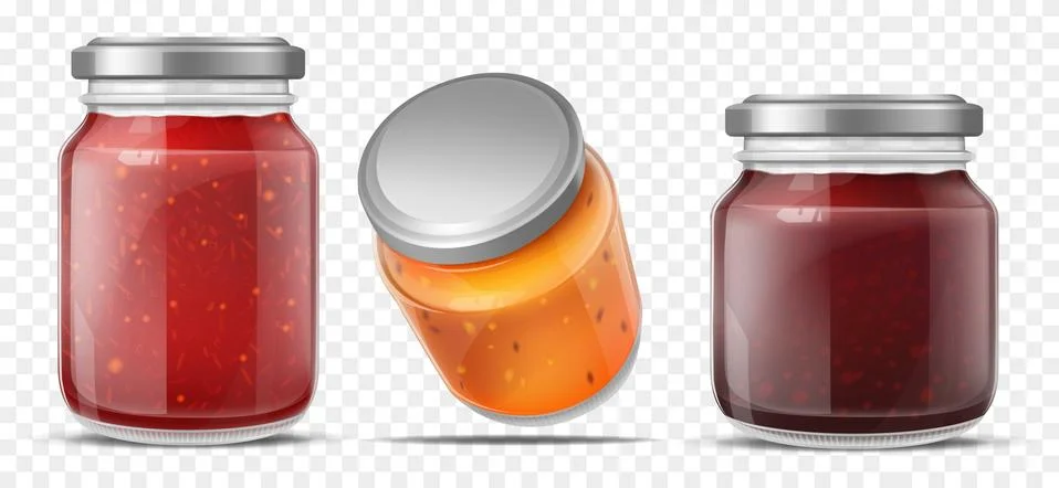 Jam jars, glass containers for fruit jelly set Stock-Illustration