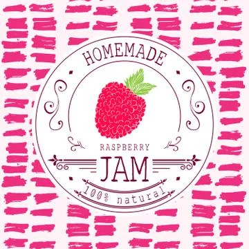 Jam label design template. for raspberry dessert product with hand drawn sket 스톡 일러스트