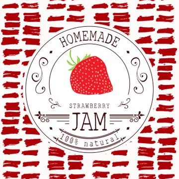Jam label design template. for strawberry dessert product with hand drawn ske Stock Illustration