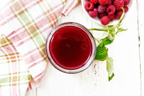 Jam of raspberry in jar on board top Stock Photos