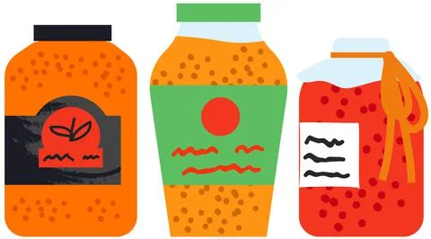 Jam, sauce or pickles jars set. Glass containers with fruit jelly, pickled Stock Illustration