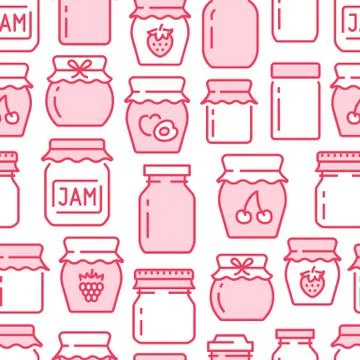 Jam seamless pattern with vector thin line icons. Glass jars with honey, jelly Illustrazione stock