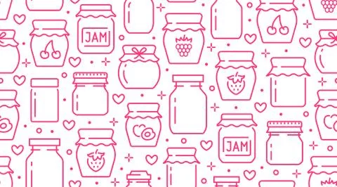 Jam seamless pattern with vector thin line icons. Glass jars with honey, jelly Illustrazione stock