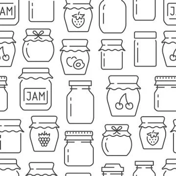 Jam seamless pattern with vector thin line icons. Glass jars with honey, jelly Illustrazione stock