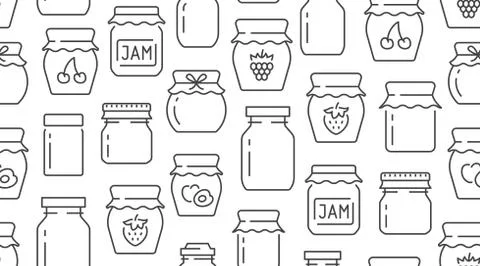 Jam seamless pattern with vector thin line icons. Glass jars with honey, jelly Stock Illustration