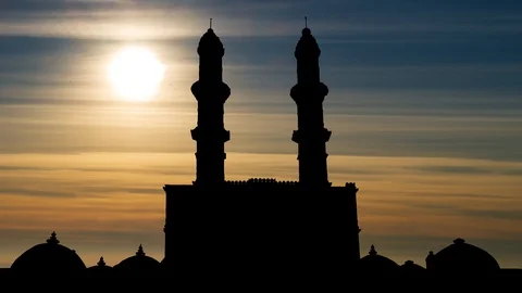 Jama Mosque: Time Lapse at Sunset with Jami Masjid in Silhouette, Champaner Stock Footage 126819997