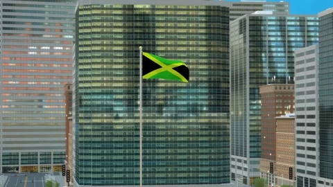 Jamaica Flag 3D Render Animation on Pole with Modern Business District Build Video stock 332877856
