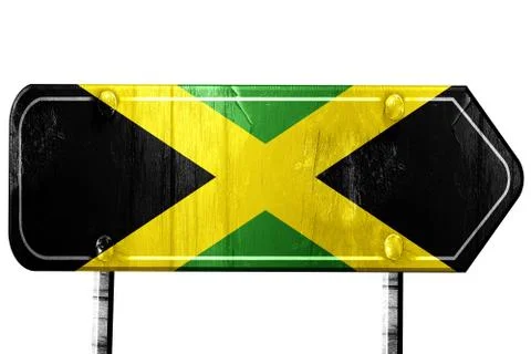 Jamaica flag, 3D rendering, road sign on white background Stock Illustration
