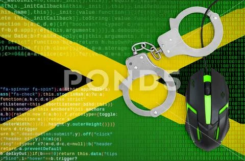 Jamaica flag and handcuffed computer mouse. Combating computer crime, hacker Stock Photos