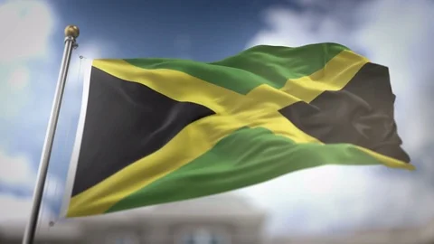 Jamaica Flag Waving Slow Motion 3D Rendering Blue Sky Background - Seamless.. Stock Footage 75320361