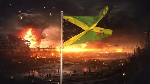 Jamaica flag waving in war is torn Stock Footage 346008589