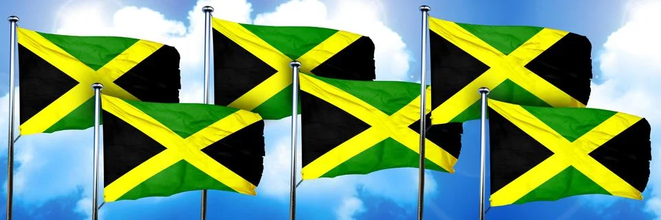 Jamaica flags, 3D rendering, on a cloud background イラスト素材