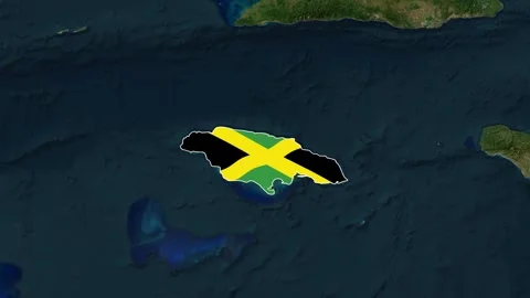 Jamaica island map outlined with its national flag colors over a dark ocean Stock Footage 335607713