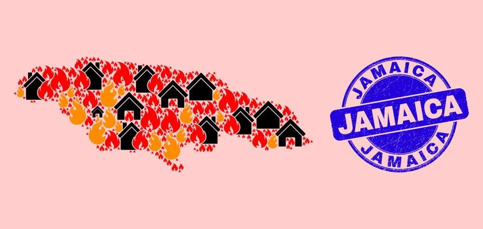 Jamaica Map Composition of Flame and Buildings and Scratched Jamaica Stamp Ilustración de archivo