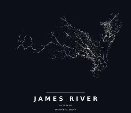 James River Basin Watershed Map Line Art Dark Poster Stock Illustration