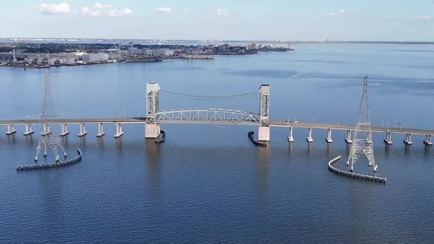 James River Lift Bridge Over Calm Water With Towers Under Clear Blue Sky Sunlit Stock-Footage 332948255
