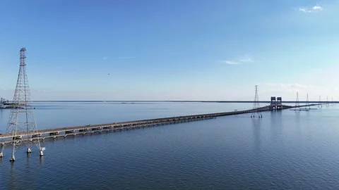 James River Lift Bridge Over Calm Water With Towers Under Clear Blue Sky Sunlit Stock-Footage 332948706