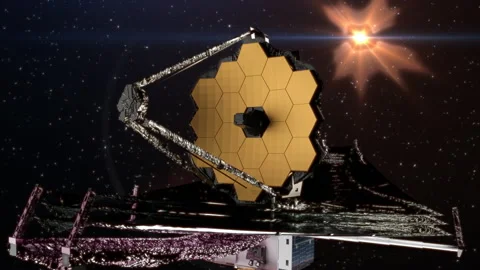 James Webb space telescope orbiting the sun in deep space. 3D animation Video stock 237242620