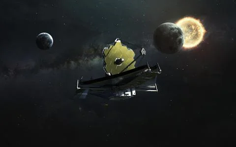 James Webb telescope explores deep space. JWST launch art. Elements of image Stock Illustration