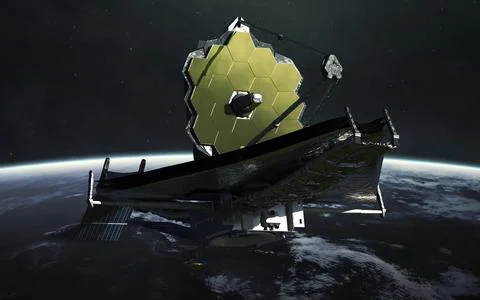 The James Webb telescope orbiting planet Earth. JWST launch art. Elements of Stock Illustration