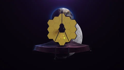 James webb's new space telescope orbiting the moon and earth in space. Elemen Video stock 168569758