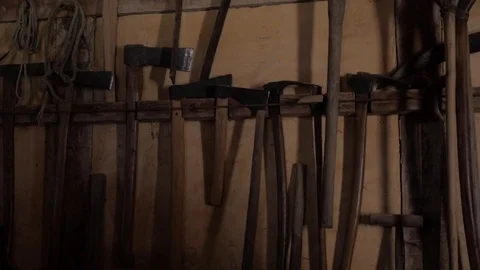 Jamestown Fort - tools hanging up on wall Stock Footage 80742962