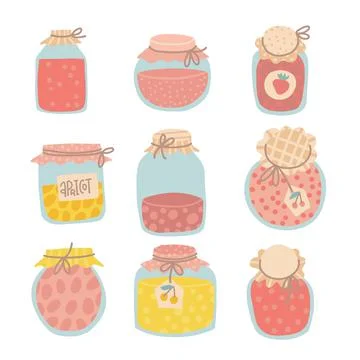 Jamjglass jars set. Collection of different types of homemade jam in cozy jars Stock Illustration