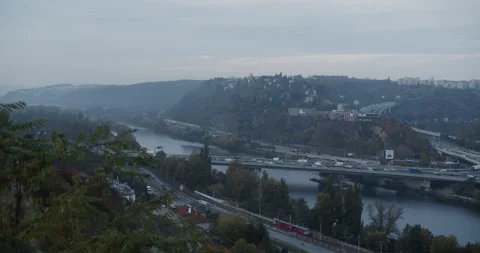 Jammed on the bridge over the Vltava river Stock Footage 163356089