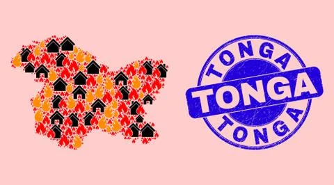 Jammu and Kashmir State Map Collage of Flame and Realty and Scratched Tonga Seal Ilustração Stock