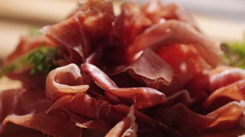 Jamon iberico tapas close up, chef cooking the best spanish ham pork tapas, cafe Vidéo 238551087