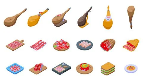 Jamon icons set isometric vector. Food ham Stock Illustration