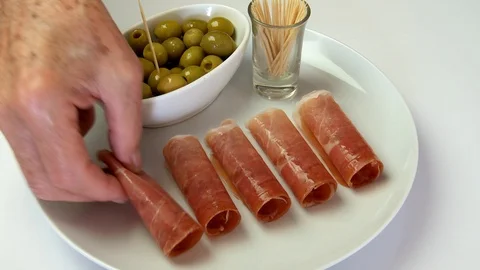 Jamon &amp; olives Stock Footage 107321203