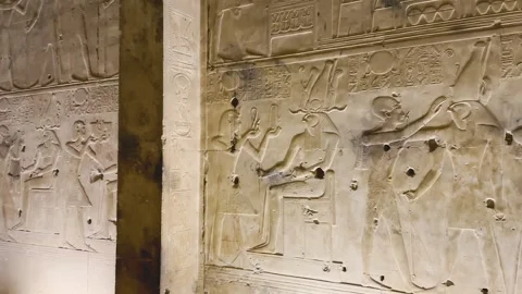 Jan 10, 2026, Egypt, Abydos: ancient hieroglyphs in the Temple of Seti I Stock Footage 335795205