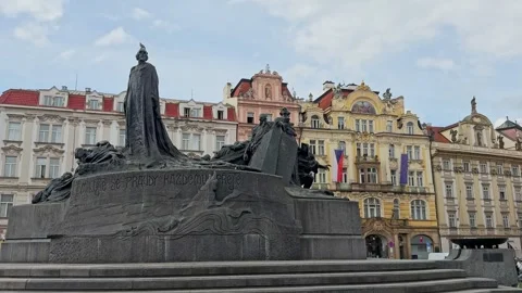 The Jan Hus Memorial in the Old Town Square, Prague. The monument commemorates Stock Footage 342341949