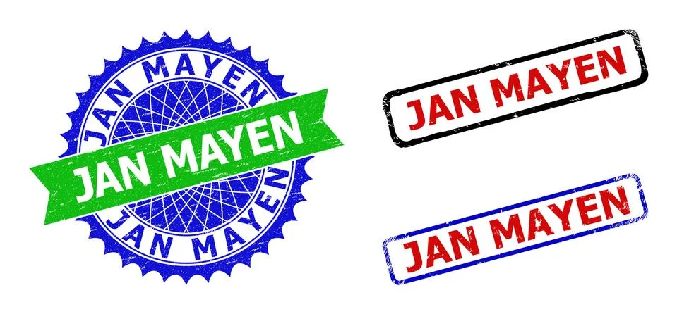 JAN MAYEN Rosette and Rectangle Bicolor Badges with Scratched Textures Stock Illustration