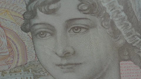 Jane Austen on the British 10 Pound Sterling banknote macro video Stock Footage 280592211