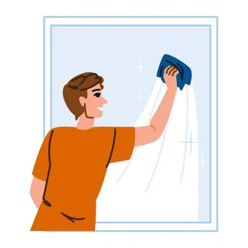 Janitor cleaning window with detergent and rag, smiling and enjoying work Stock Illustration
