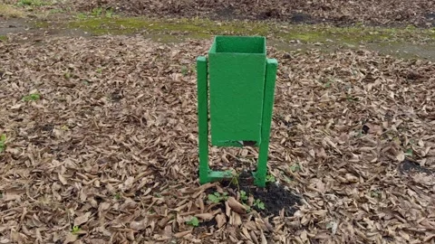 The janitor inserts a garbage bag into the trash can. trash can in the park Stock Footage 305279477