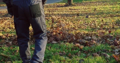 Janitor in uniform using leaf blower for cleaning city park Stock Footage 254770885