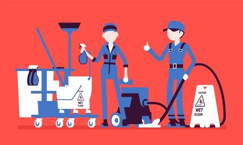 Janitors team working with professional tools Stock Illustration
