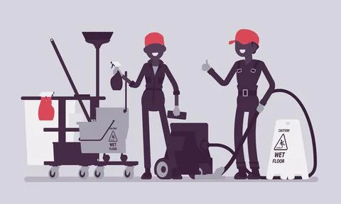Janitors team working with professional tools Ilustração Stock