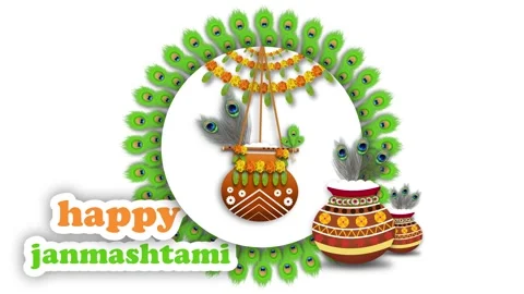 Janmashtami dahi handi decoration in white circle with peacock feathers Stock Footage 313230284