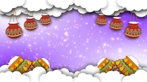 Janmashtami swinging dahi handi and pot in clouds on vibrant background. co.. Stock Footage 313230404