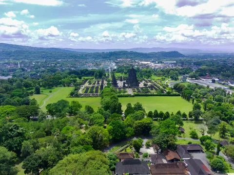 January 15, 2023, Central Java. Indonesia. Aerial Shot of Candi Prambanan o.. Fotos Stock
