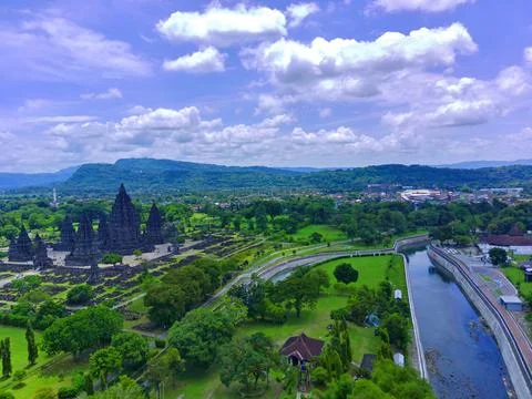 January 15, 2023, Central Java. Indonesia. Aerial Shot of Candi Prambanan o.. Fotos de archivo