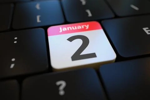 January 2 date on a keyboard key, 3d rendering Illustrazione stock